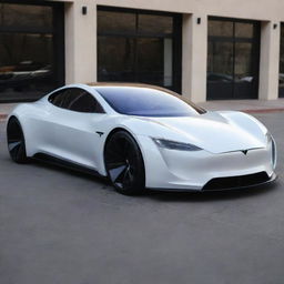 A futuristic electric car that blends the modern, clean lines of a Tesla with the aggressive styling of a Devel Sixteen