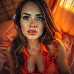 A mesmerizing wide shot of a seductive woman with green eyes and brown hair, lying on a bed draped in the warm hues of an orange sunset