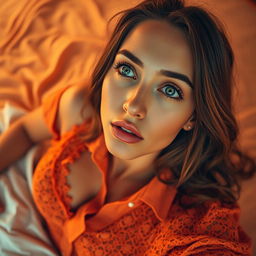 A mesmerizing wide shot of a seductive woman with green eyes and brown hair, lying on a bed draped in the warm hues of an orange sunset