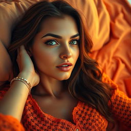 A mesmerizing wide shot of a seductive woman with green eyes and brown hair, lying on a bed draped in the warm hues of an orange sunset