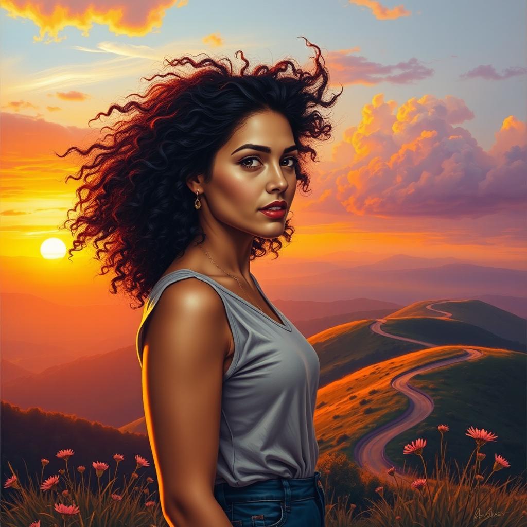 A contemporary realism scene featuring a woman with curly hair standing atop a hill at sunset, with the wind playfully tousling her hair