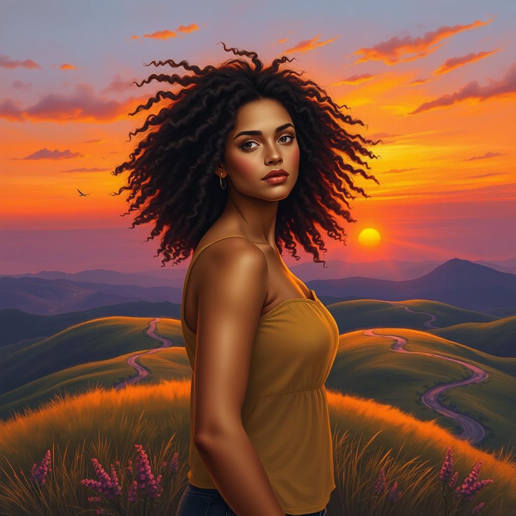 A contemporary realism scene featuring a woman with curly hair standing atop a hill at sunset, with the wind playfully tousling her hair