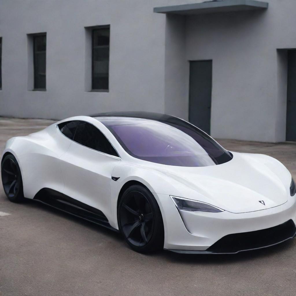 A futuristic electric car that blends the modern, clean lines of a Tesla with the aggressive styling of a Devel Sixteen