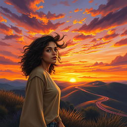 A contemporary realism scene featuring a woman with curly hair standing atop a hill at sunset, with the wind playfully tousling her hair