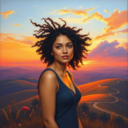 A contemporary realism scene featuring a woman with curly hair standing atop a hill at sunset, with the wind playfully tousling her hair