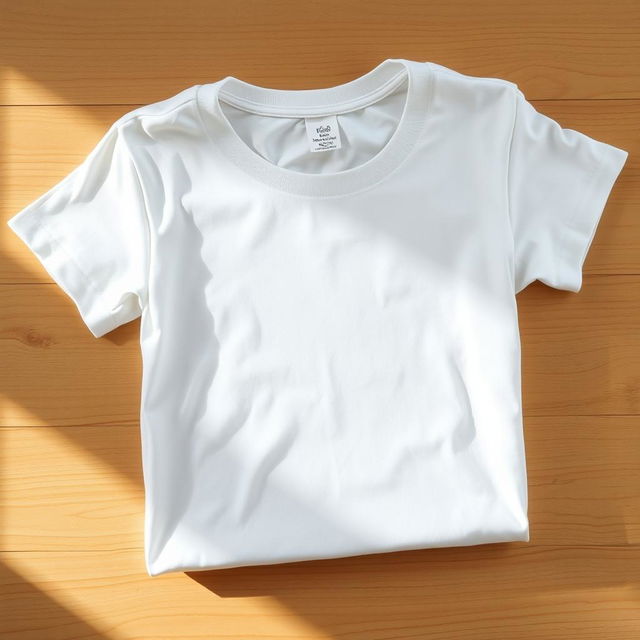 A classic white t-shirt neatly folded on a wooden table, with soft natural lighting casting gentle shadows