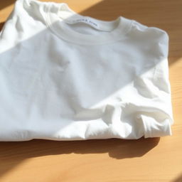 A classic white t-shirt neatly folded on a wooden table, with soft natural lighting casting gentle shadows