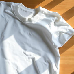 A classic white t-shirt neatly folded on a wooden table, with soft natural lighting casting gentle shadows