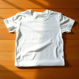 A classic white t-shirt neatly folded on a wooden table, with soft natural lighting casting gentle shadows