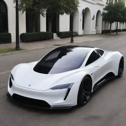 A futuristic electric car that blends the modern, clean lines of a Tesla with the aggressive styling of a Devel Sixteen