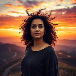 A realistic scene featuring a woman with curly hair standing atop a hill at sunset, with the wind playfully tousling her hair