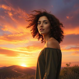 A realistic scene featuring a woman with curly hair standing atop a hill at sunset, with the wind playfully tousling her hair