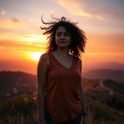 A realistic scene featuring a woman with curly hair standing atop a hill at sunset, with the wind playfully tousling her hair