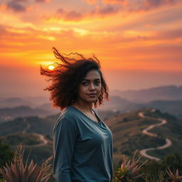 A realistic scene featuring a woman with curly hair standing atop a hill at sunset, with the wind playfully tousling her hair