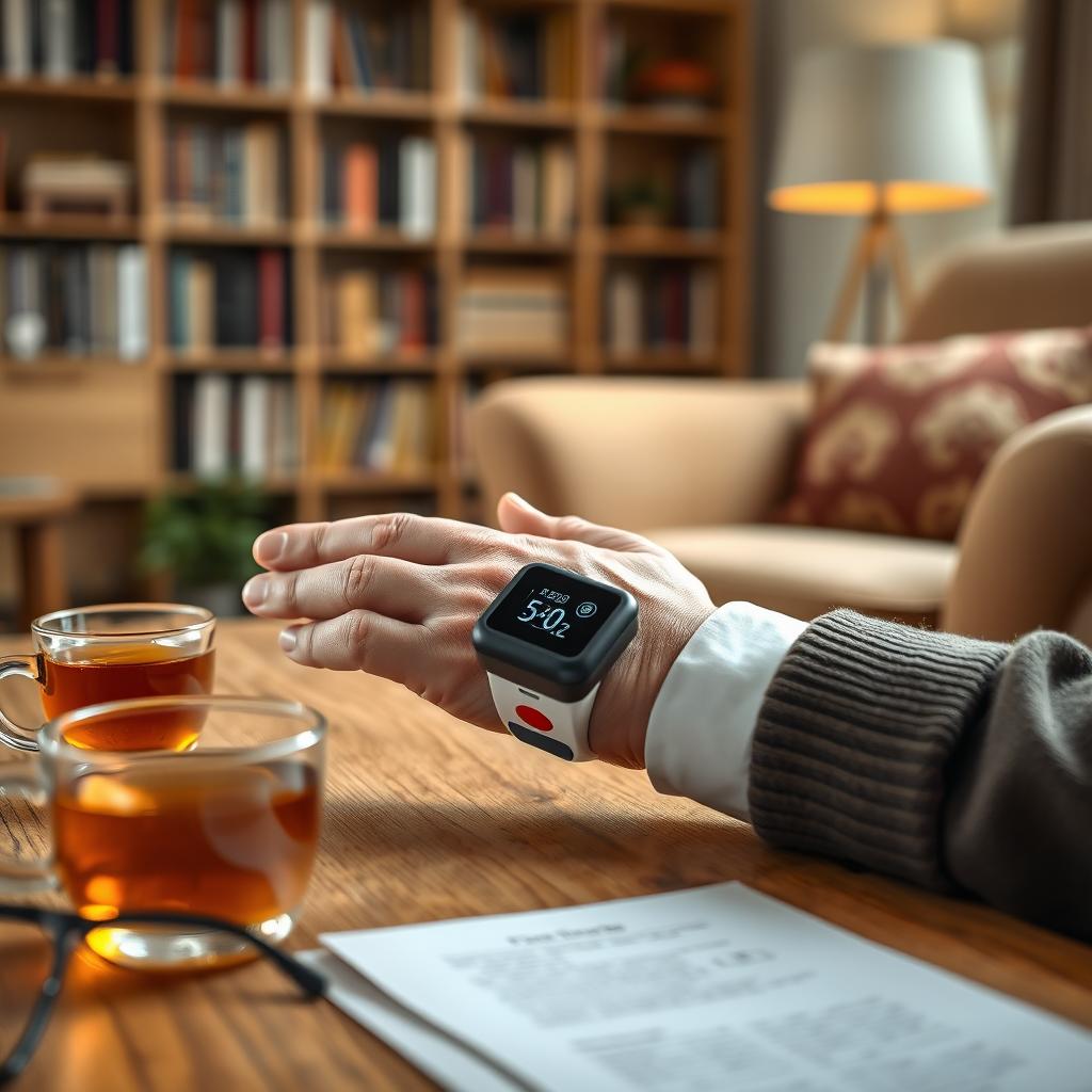 A realistic image of an elderly person using a fingertip pulse oximeter, focusing on the hand with the device attached