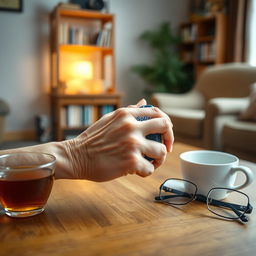 A realistic image of an elderly person using a fingertip pulse oximeter, focusing on the hand with the device attached