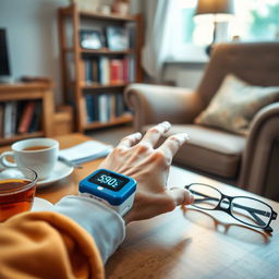 A realistic image of an elderly person using a fingertip pulse oximeter, focusing on the hand with the device attached