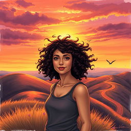 A realistically drawn scene featuring a woman with curly hair standing atop a hill at sunset, with the wind playfully tousling her hair