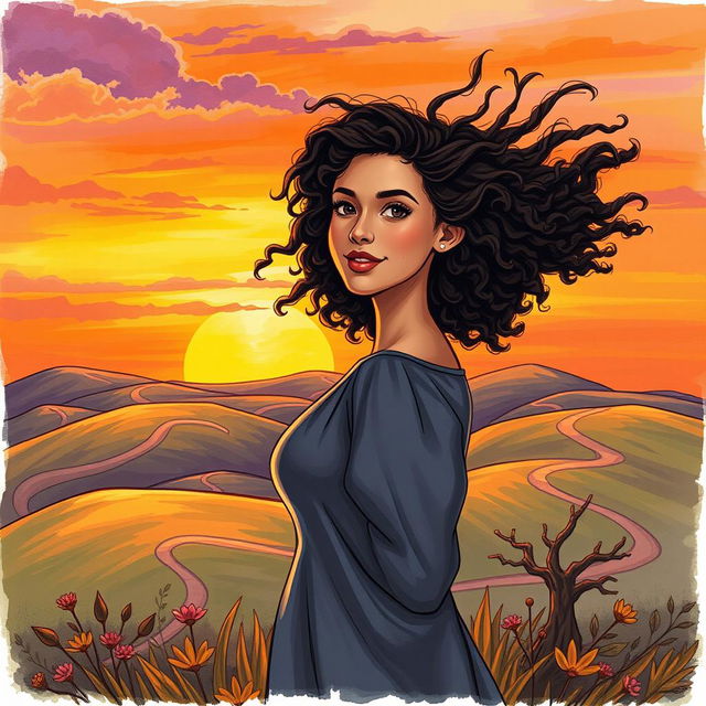 A realistically drawn scene featuring a woman with curly hair standing atop a hill at sunset, with the wind playfully tousling her hair