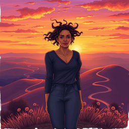 A realistically drawn scene featuring a woman with curly hair standing atop a hill at sunset, with the wind playfully tousling her hair