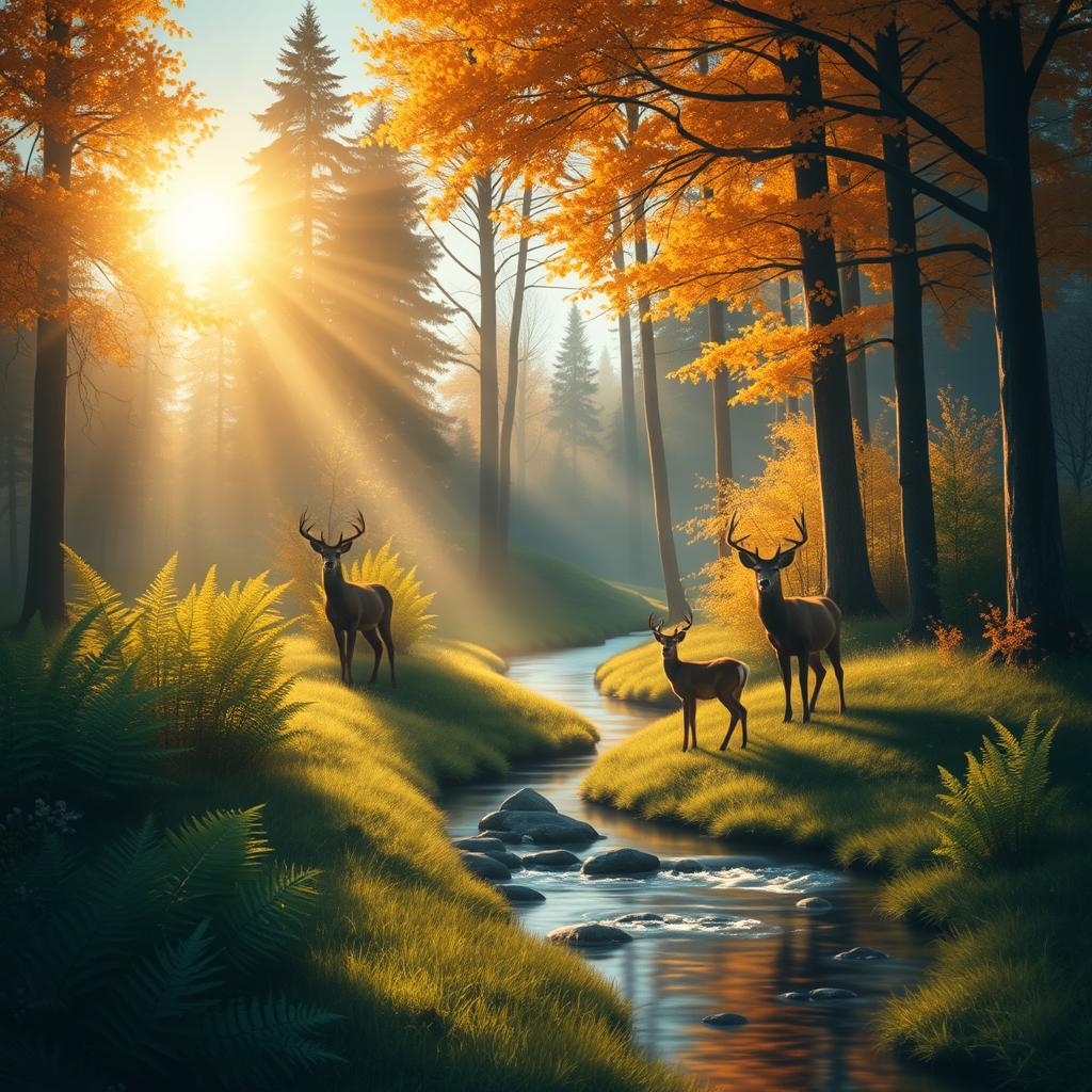 A dreamy landscape depicting a serene forest scene with soft, gentle autumn colors