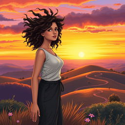 A realistically drawn scene featuring a woman with curly hair standing atop a hill at sunset, with the wind playfully tousling her hair