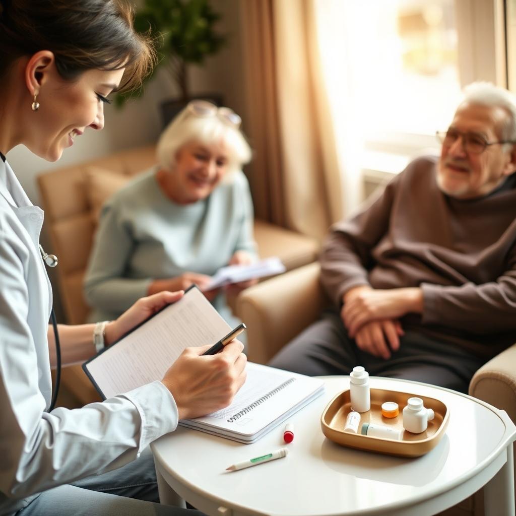 A scene showing a caregiver or family member filling out a health journal or using a tablet to record vital signs, while an elderly patient sits nearby looking content and relaxed