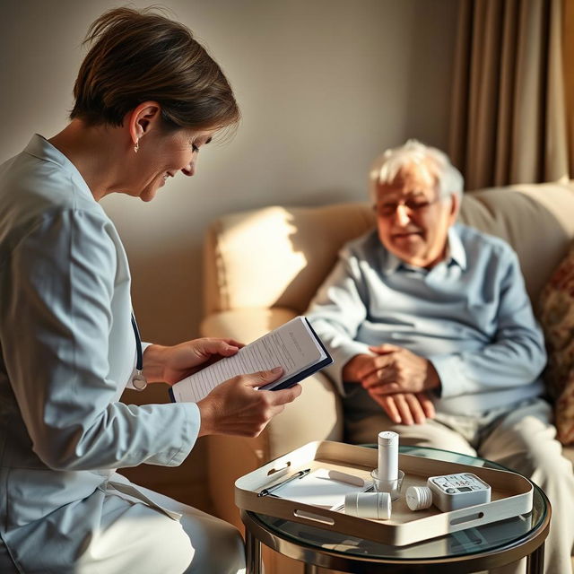 A scene showing a caregiver or family member filling out a health journal or using a tablet to record vital signs, while an elderly patient sits nearby looking content and relaxed