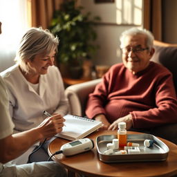 A scene showing a caregiver or family member filling out a health journal or using a tablet to record vital signs, while an elderly patient sits nearby looking content and relaxed