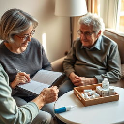 A scene showing a caregiver or family member filling out a health journal or using a tablet to record vital signs, while an elderly patient sits nearby looking content and relaxed