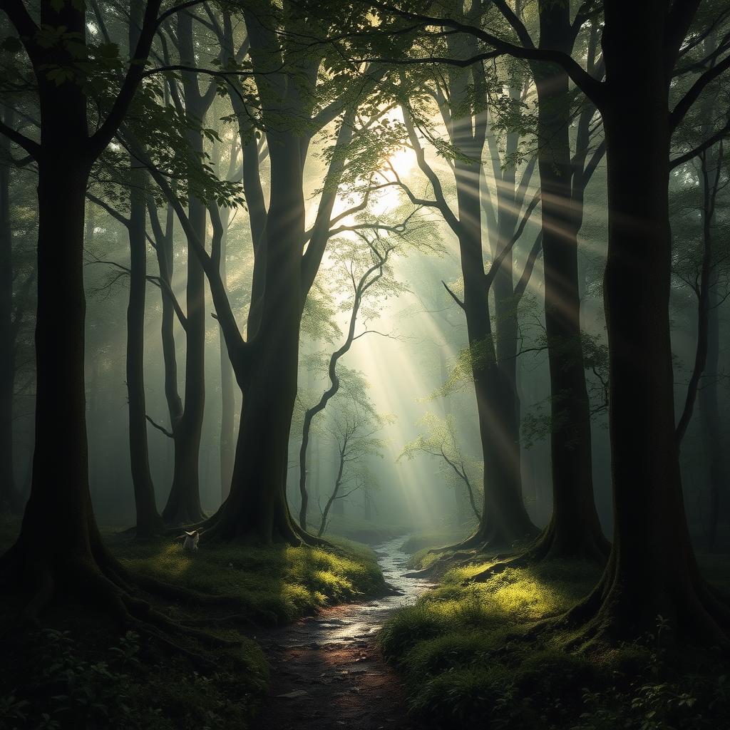 A mysterious forest shrouded in mist, with tall ancient trees, their leaves casting a deep green hue