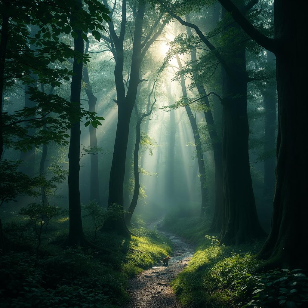 A mysterious forest shrouded in mist, with tall ancient trees, their leaves casting a deep green hue