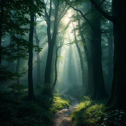 A mysterious forest shrouded in mist, with tall ancient trees, their leaves casting a deep green hue