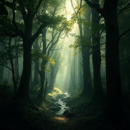 A mysterious forest shrouded in mist, with tall ancient trees, their leaves casting a deep green hue