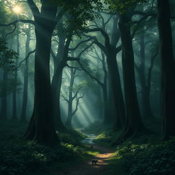 A mysterious forest shrouded in mist, with tall ancient trees, their leaves casting a deep green hue