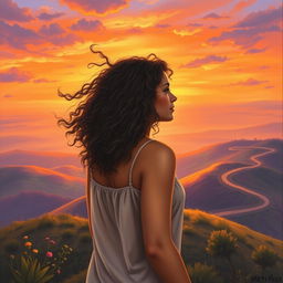 A contemporary realism scene featuring a woman with curly hair standing atop a hill at sunset, her back to the viewer with the wind playfully tousling her hair