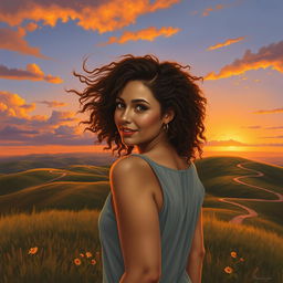 A contemporary realism scene featuring a woman with curly hair standing atop a hill at sunset, her back to the viewer with the wind playfully tousling her hair