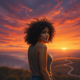 A contemporary realism scene featuring a woman with curly hair standing atop a hill at sunset, her back to the viewer with the wind playfully tousling her hair