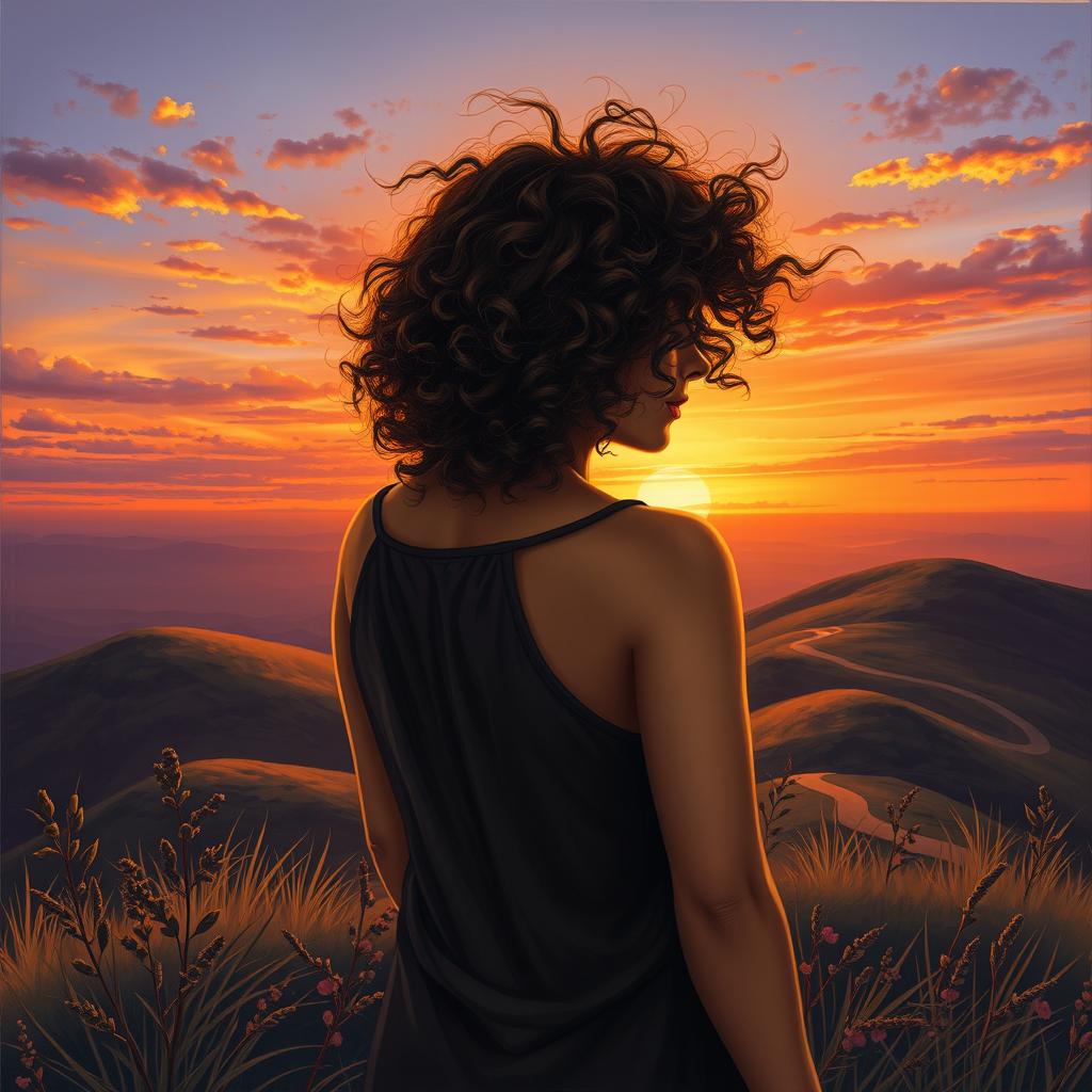 A contemporary realism scene featuring a woman with curly hair standing atop a hill at sunset, her back to the viewer with the wind playfully tousling her hair