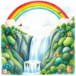 A whimsical watercolor illustration of a vibrant rainbow arching gracefully over a majestic waterfall