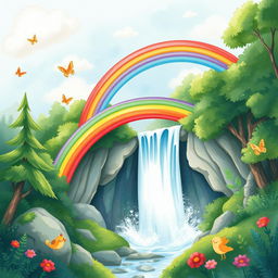 A whimsical watercolor illustration of a vibrant rainbow arching gracefully over a majestic waterfall