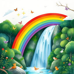 A whimsical watercolor illustration of a vibrant rainbow arching gracefully over a majestic waterfall