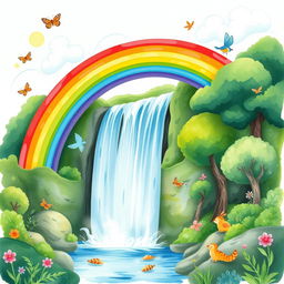 A whimsical watercolor illustration of a vibrant rainbow arching gracefully over a majestic waterfall