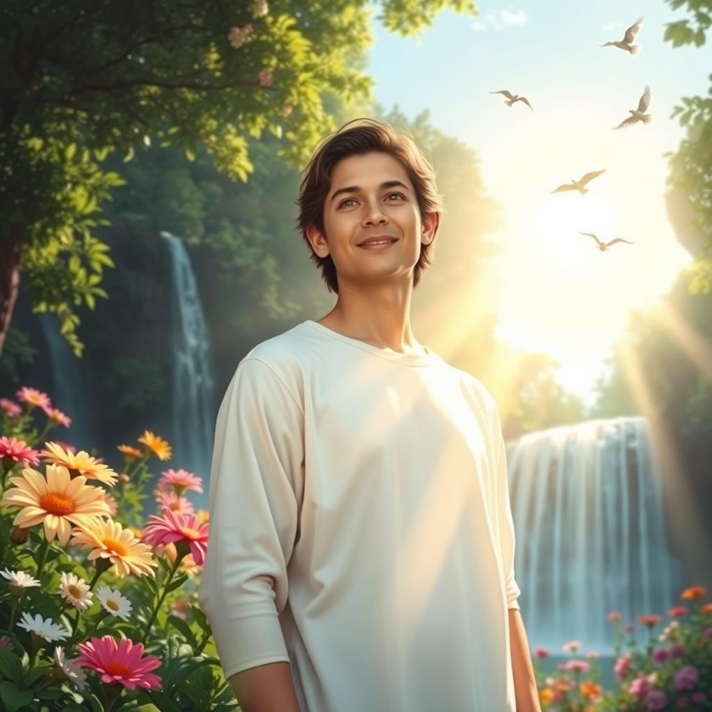 A serene and peaceful depiction of a person experiencing spiritual enlightenment after meeting Jesus