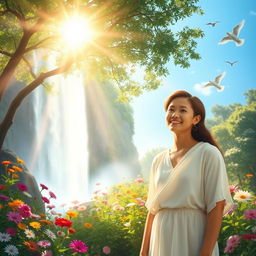 A serene and peaceful depiction of a person experiencing spiritual enlightenment after meeting Jesus