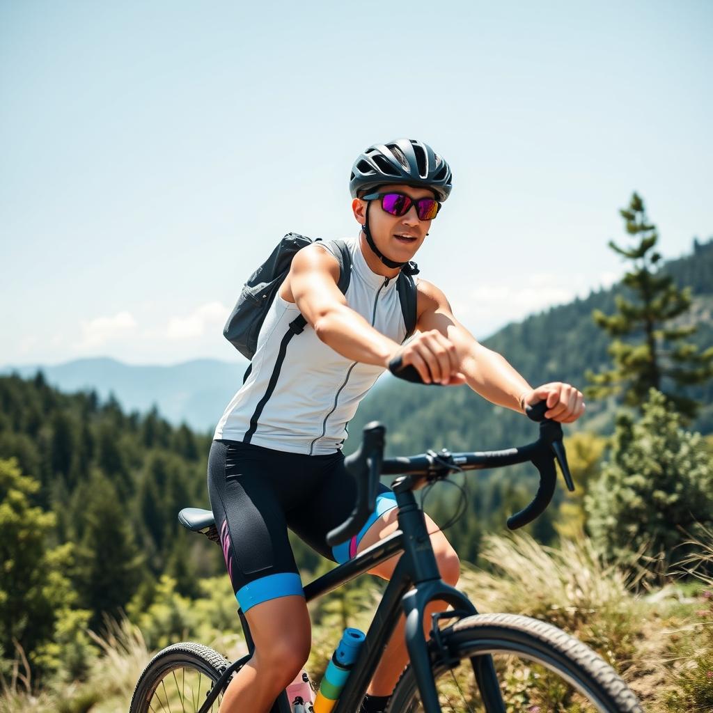 A dynamic and energetic scene featuring a young adult cyclist wearing vibrant bikeshorts, captured in motion as they pedal vigorously on a scenic mountain trail