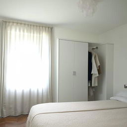 A small, aesthetically pleasing white bedroom with a window placed directly behind the bed, creating a beautiful backdrop. An attached dressing room adjoins the space