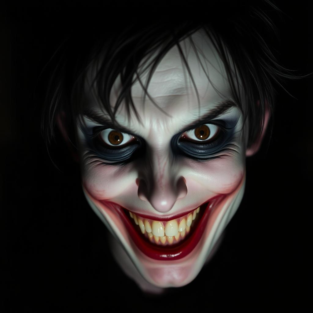 A chilling and intense portrait of Jeff the Killer, a character known for his haunting smile and pale skin