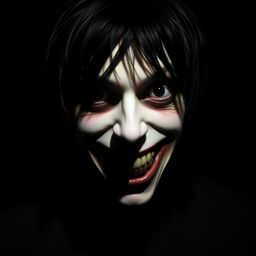 A chilling and intense portrait of Jeff the Killer, a character known for his haunting smile and pale skin