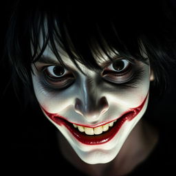 A chilling and intense portrait of Jeff the Killer, a character known for his haunting smile and pale skin